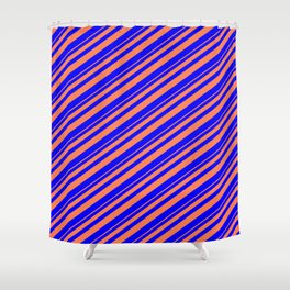 [ Thumbnail: Coral & Blue Colored Striped Pattern Shower Curtain ]