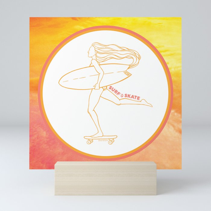 Surf Skate Cruise | California Skater Surfer Girl Design | Beach Inspired Artwork | Peach Orange Sun Aesthetic Mini Art Print