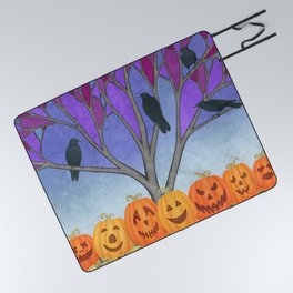 crows in the stained glass tree with pumpkins Picnic Blanket