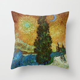 Road with Cypress and Star; Country Road in Provence by Night, oil-on-canvas post-impressionist landscape painting by Vincent van Gogh in alternate gold twilight sky Throw Pillow