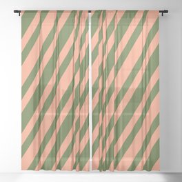 [ Thumbnail: Dark Olive Green & Light Salmon Colored Lines Pattern Sheer Curtain ]
