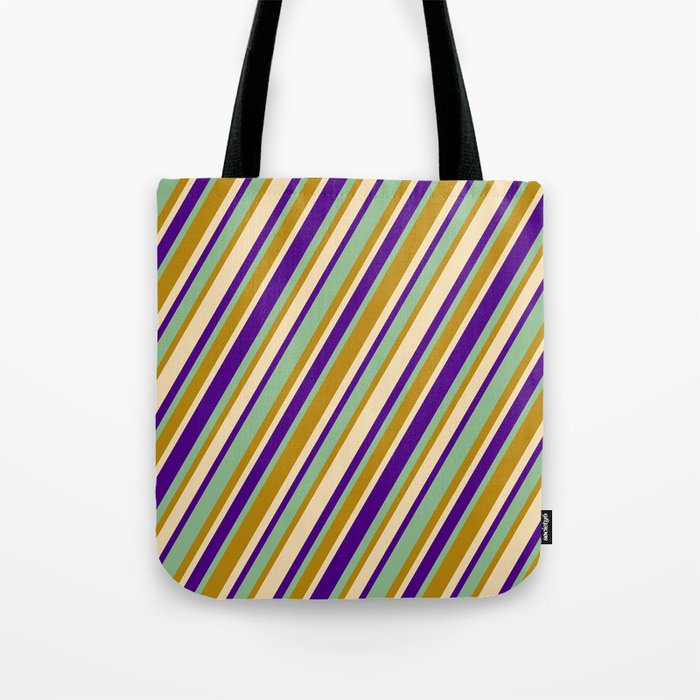 Tan, Indigo, Dark Sea Green, and Dark Goldenrod Colored Stripes/Lines Pattern Tote Bag