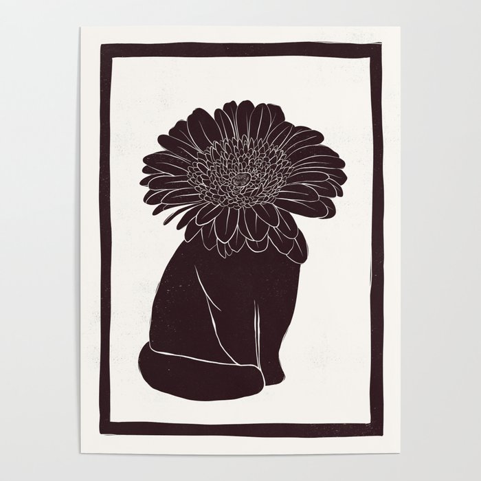 Flower head black cat linocut style illustration Poster