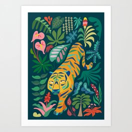 Night Tropical Jungle Tiger Art Print