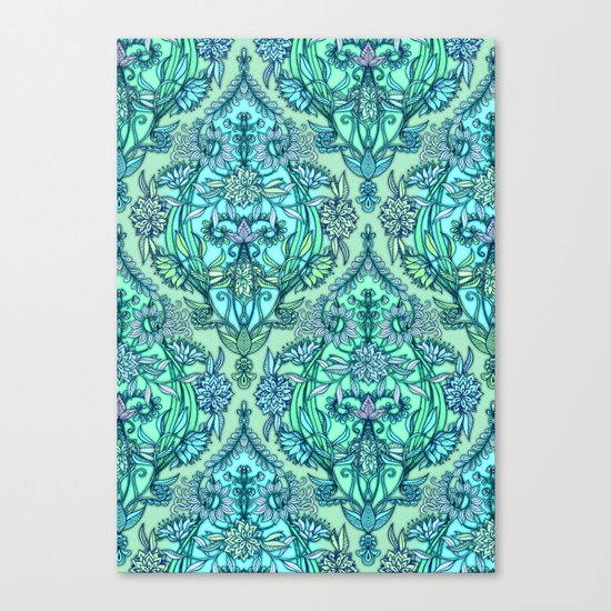 Botanical Moroccan Doodle Pattern in Mint Green, Lilac & Aqua Canvas Print