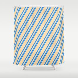 [ Thumbnail: Blue and Tan Colored Stripes Pattern Shower Curtain ]