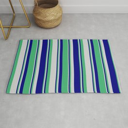 [ Thumbnail: Blue, Sea Green, and Light Grey Colored Lines/Stripes Pattern Rug ]