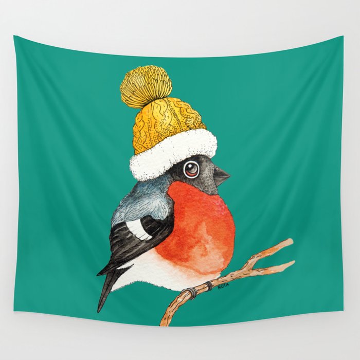 Christmas Bird Bullfinch Wall Tapestry