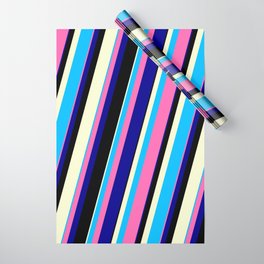 [ Thumbnail: Vibrant Deep Sky Blue, Hot Pink, Dark Blue, Black, and Light Yellow Colored Lines/Stripes Pattern Wrapping Paper ]