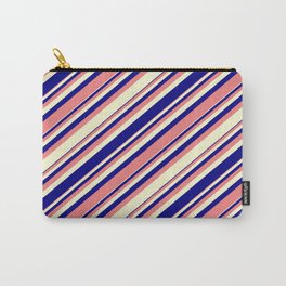 [ Thumbnail: Light Coral, Light Yellow, and Blue Colored Lined/Striped Pattern Carry-All Pouch ]