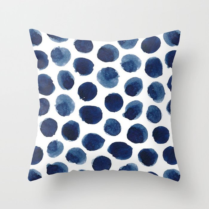 Watercolor Navy Blue Polka Dots Throw Pillow