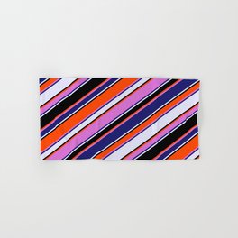 [ Thumbnail: Vibrant Red, Orchid, Midnight Blue, Lavender, and Black Colored Lines Pattern Hand & Bath Towel ]