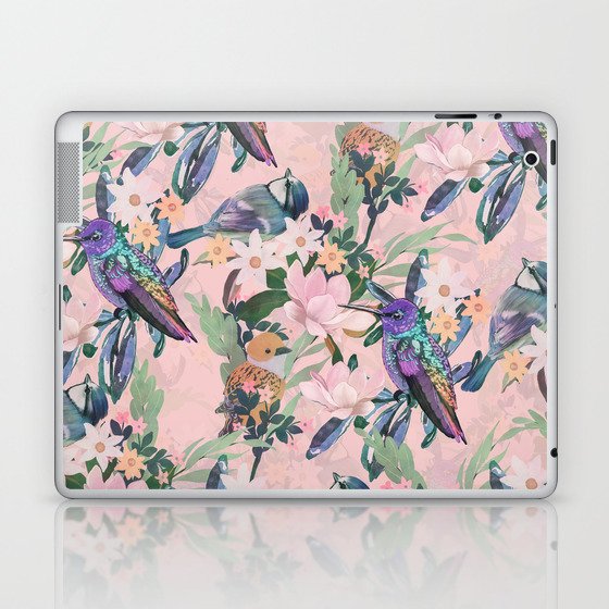 Watercolor Spring Flowers Birds Pink Pattern Laptop & iPad Skin