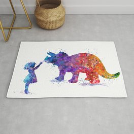 Girl and Dinosaur Triceratops Watercolor Kids Art Silhouette Rug