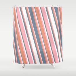 [ Thumbnail: Light Pink, Dark Salmon, Light Slate Gray & White Colored Striped Pattern Shower Curtain ]
