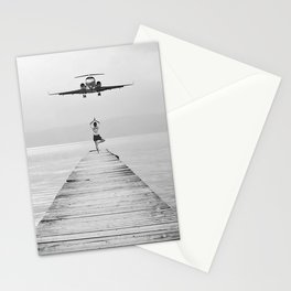 Namaste; Steady As She Goes 7; aircraft coming in for an island landing female in zen black and white photography - photographs - photograph Art Print Stationery Card