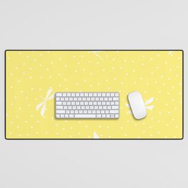 White Dragonfly Christmas seamless pattern and Snow White Confetti on Yellow Background Desk Mat