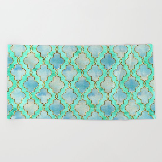 Luxury Aqua Teal Mint and Gold oriental quatrefoil pattern Beach Towel