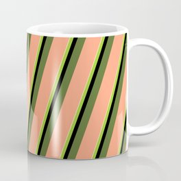 [ Thumbnail: Colorful Pale Goldenrod, Green, Black, Dark Olive Green & Light Salmon Colored Lined/Striped Pattern Coffee Mug ]