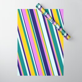 [ Thumbnail: Eye-catching Yellow, Violet, Midnight Blue, Light Cyan, and Dark Cyan Colored Stripes/Lines Pattern Wrapping Paper ]
