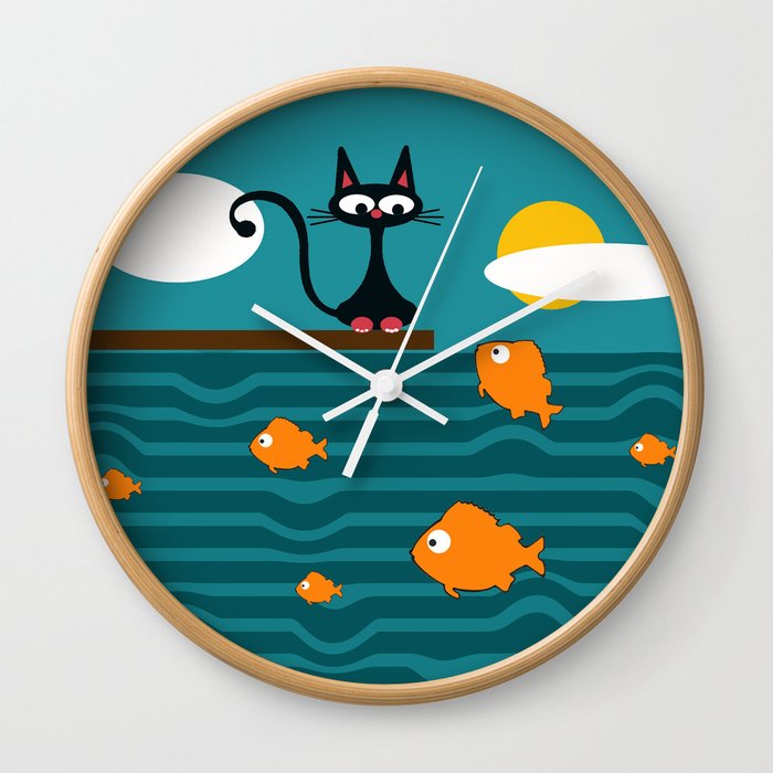 fishes and cat Wall Clock
