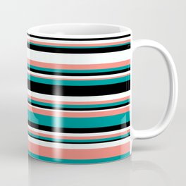[ Thumbnail: Mint Cream, Salmon, Dark Cyan & Black Colored Lined/Striped Pattern Coffee Mug ]