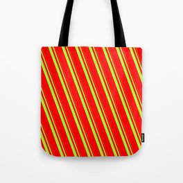 [ Thumbnail: Light Green and Red Colored Stripes Pattern Tote Bag ]