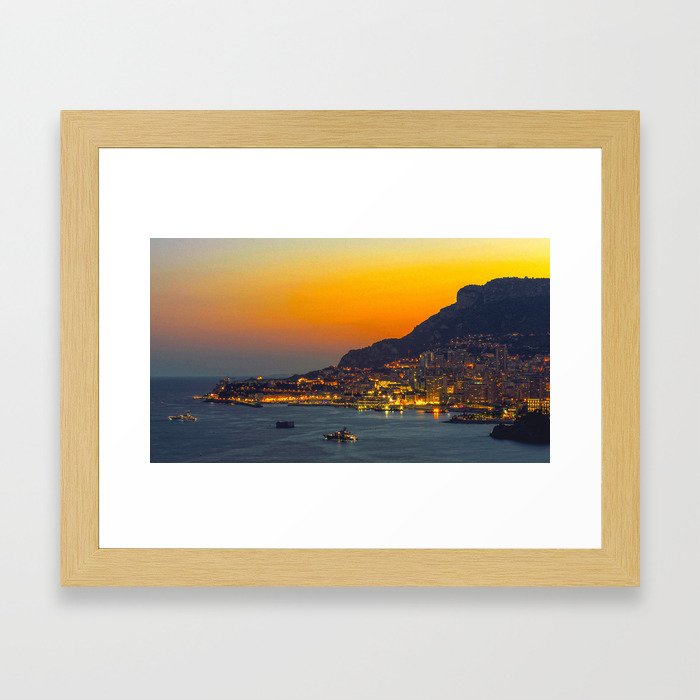 Panoramic lovely view of the Principality of Monaco shortly after sunset Framed Art Print