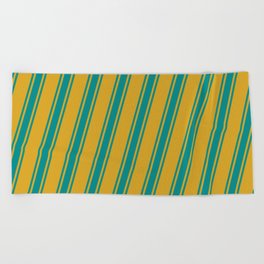 [ Thumbnail: Goldenrod & Dark Cyan Colored Lines Pattern Beach Towel ]