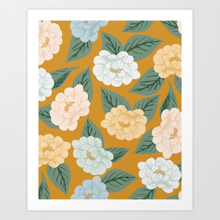 Into the meadow - mustard yellow and blue Art Print