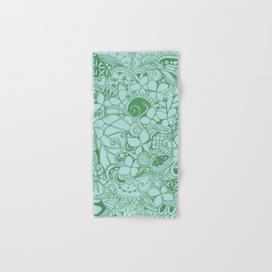 Blue square, green floral doodle, zentangle inspired art pattern Hand & Bath Towel