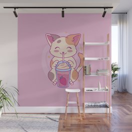 Neko Cat Strawberry Tea Milkshake | Japanese Anime Kawaii Wall Mural