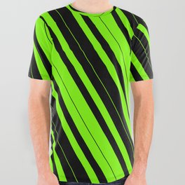 [ Thumbnail: Green & Black Colored Striped/Lined Pattern All Over Graphic Tee ]