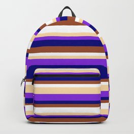 [ Thumbnail: Eyecatching Tan, Purple, Blue, Sienna & White Colored Lines/Stripes Pattern Backpack ]