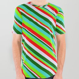 [ Thumbnail: Vibrant Turquoise, Green, Red, Lavender & Dark Green Colored Lined/Striped Pattern All Over Graphic Tee ]