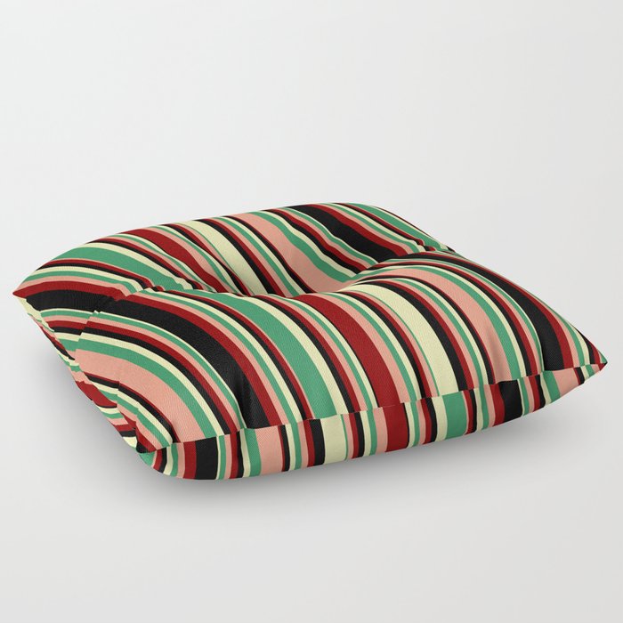 Vibrant Pale Goldenrod, Sea Green, Dark Salmon, Maroon, and Black Colored Striped Pattern Floor Pillow