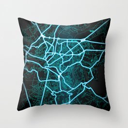 Kaunas, Lithuania, Blue, White, Neon, Glow, City, Map Throw Pillow