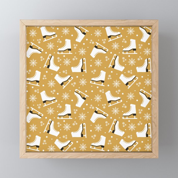 Winter themed pattern with ice skates - yellow Framed Mini Art Print