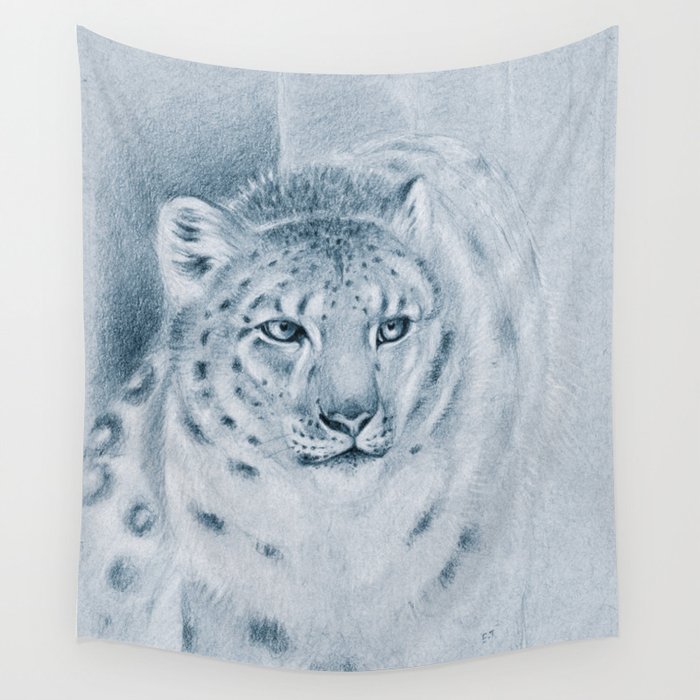 Snow Leopard Ghost Blue Drawing Wall Tapestry by Seven Sirens