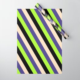 [ Thumbnail: Bisque, Dark Slate Blue, Light Green & Black Colored Striped Pattern Wrapping Paper ]