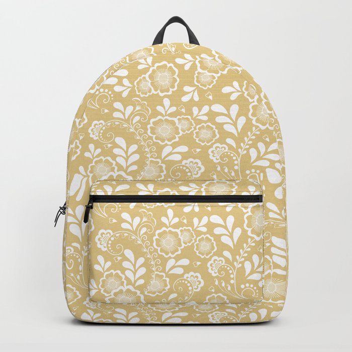 Tan And White Eastern Floral Pattern Backpack