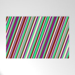 [ Thumbnail: Colorful Dark Gray, Green, Dark Red, Light Yellow, and Purple Colored Lined/Striped Pattern Welcome Mat ]