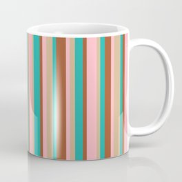 [ Thumbnail: Sienna, Light Sea Green, Tan & Light Pink Colored Stripes Pattern Coffee Mug ]