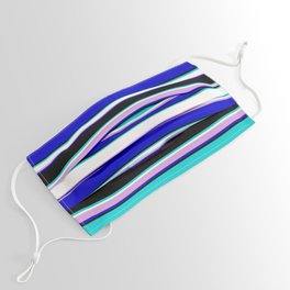 [ Thumbnail: Eye-catching Dark Turquoise, White, Plum, Blue & Black Colored Lined/Striped Pattern Face Mask ]