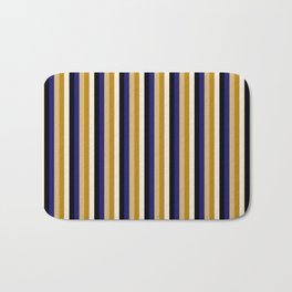 [ Thumbnail: Vibrant Midnight Blue, Tan, Dark Goldenrod, Beige, and Black Colored Lines Pattern Bath Mat ]