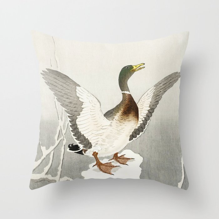 Duck in the snow  - Vintage Japanese Woodblock Print Art Throw Pillow