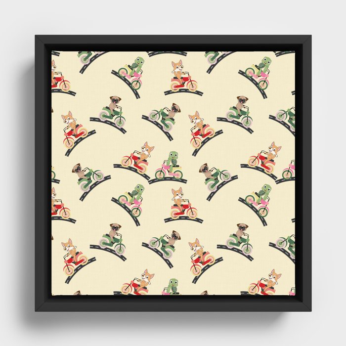 Motorcycle pattern with dog fox frog. Perfect present for mom mother dad father friend him or her Framed Canvas