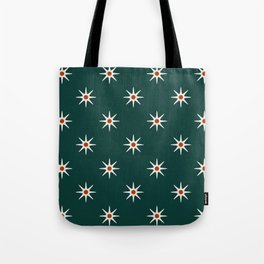Atomic mid century retro star flower pattern in teal background Tote Bag