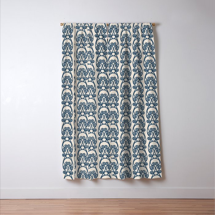 Crackled Scrolled Ikat Pattern Cream Navy Blackout Curtain By