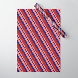 [ Thumbnail: Light Coral, Midnight Blue, and Red Colored Stripes/Lines Pattern Wrapping Paper ]